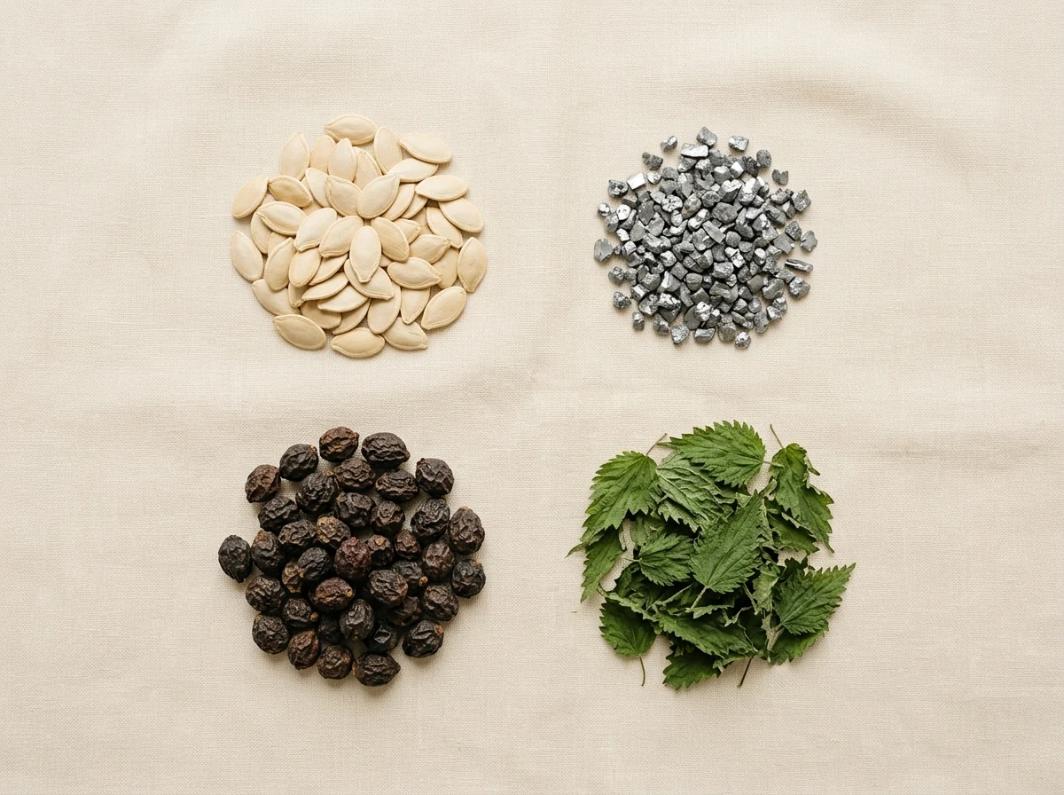 Natural ingredients for men's wellness capsules: pumpkin seeds, saw palmetto and zinc minerals on a linen surface