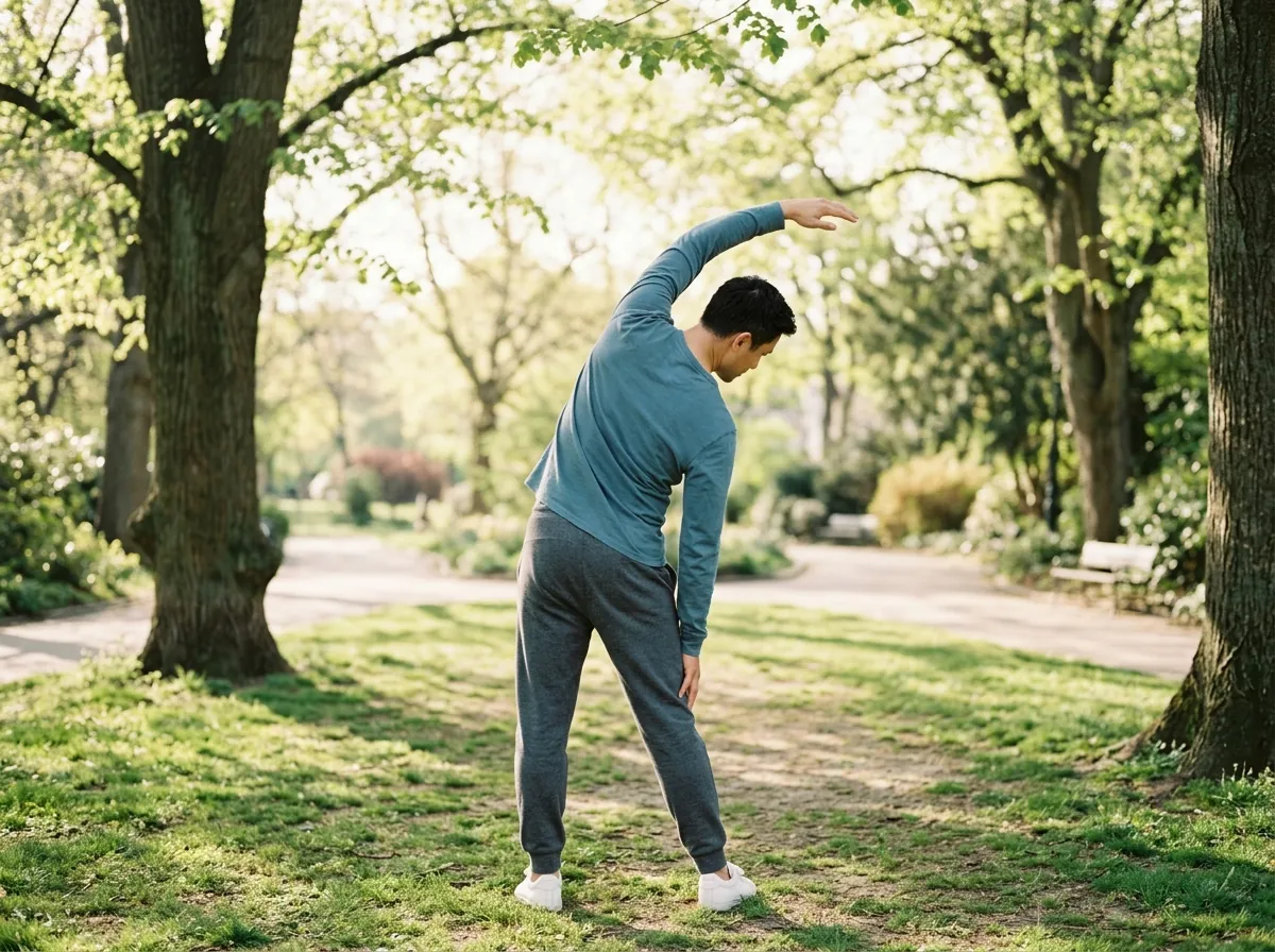 Anonymous man stretching outdoors as part of men's daily wellness routine after 50